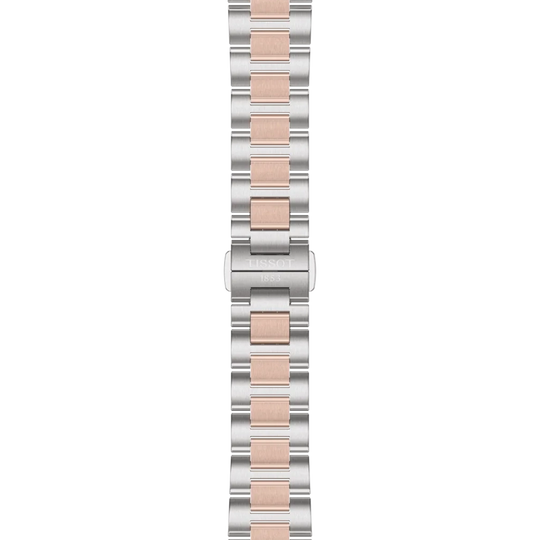 Tissot PRC 100 til dame på 34 mm i tofarget stål med hvit perlemorskive, lenke og quartzverk. 100 meter vanntett.