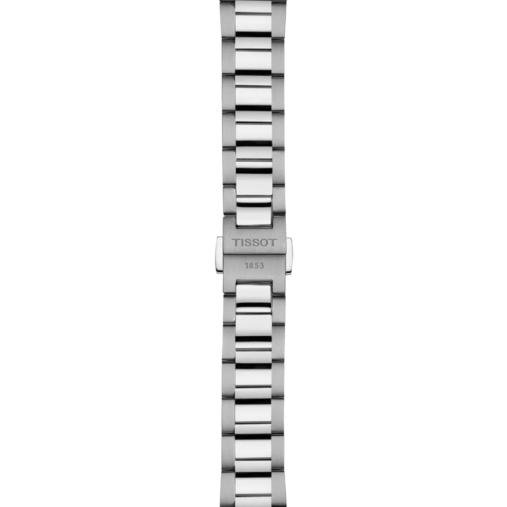 Tissot PR 100 til dame på 34 mm, med hvit perlemorskrive med diamanter, stållenke og quartzverk. 100 meter vanntett.