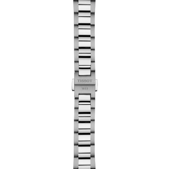 Tissot PR 100 til dame på 34 mm, med hvit perlemorskrive med diamanter, stållenke og quartzverk. 100 meter vanntett.