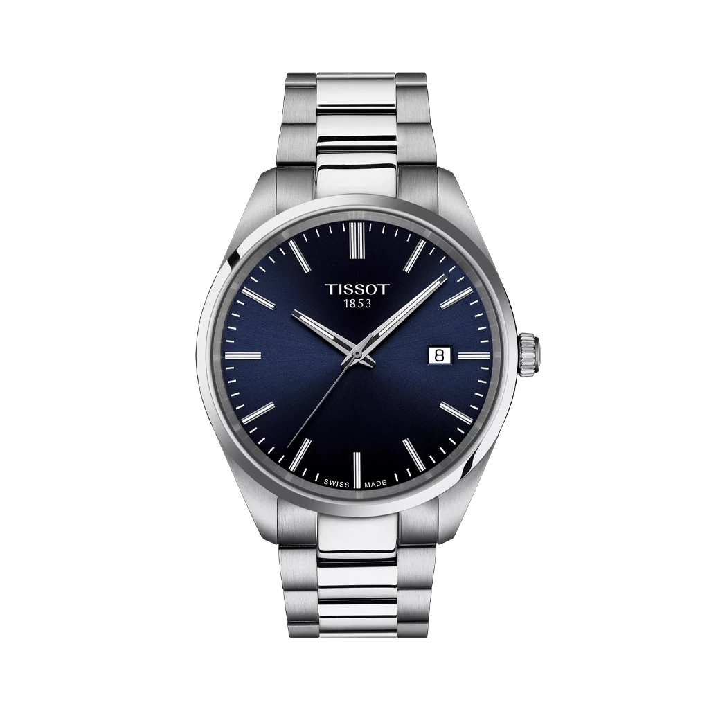 Tissot PR 100 T150.410.11.041.00 herreklokke med quartzverk, blå skive og kasse og lenke i stål. 