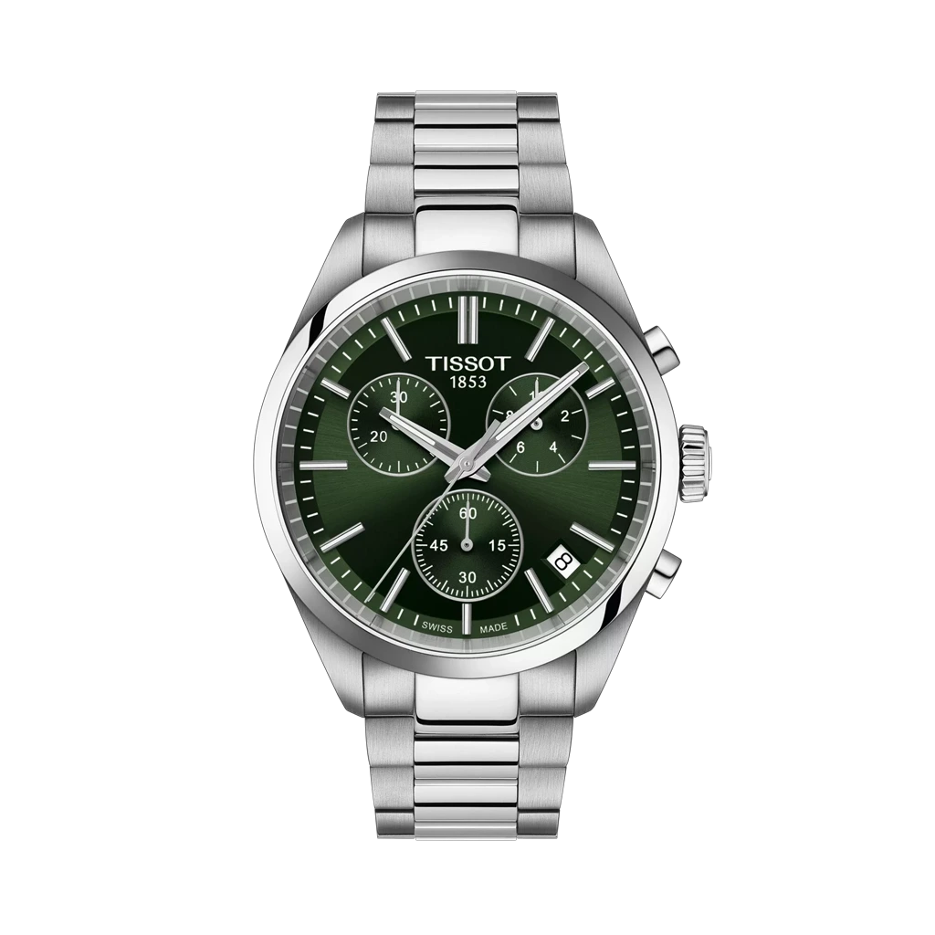 Tissot PR 100 40 mm 
T1504171109100 herreklokke i stål med grønn skive og kronograf