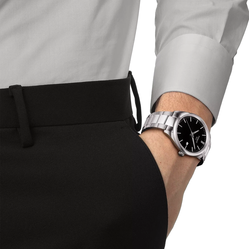 Tissot PR 100 T150.410.11.051.00 herreklokke i stål med quartzverk og sort skive.