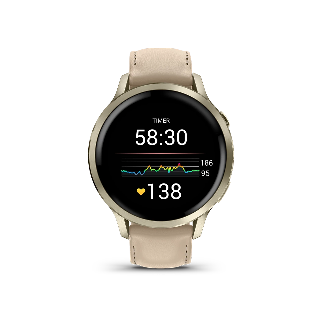 Garmin Venu 4 - 41 mm 010-03013-03 i stål med AMOLED-skjerm, skinnrem og ekstra silikonrem. Opptil 10 dager batteritid.