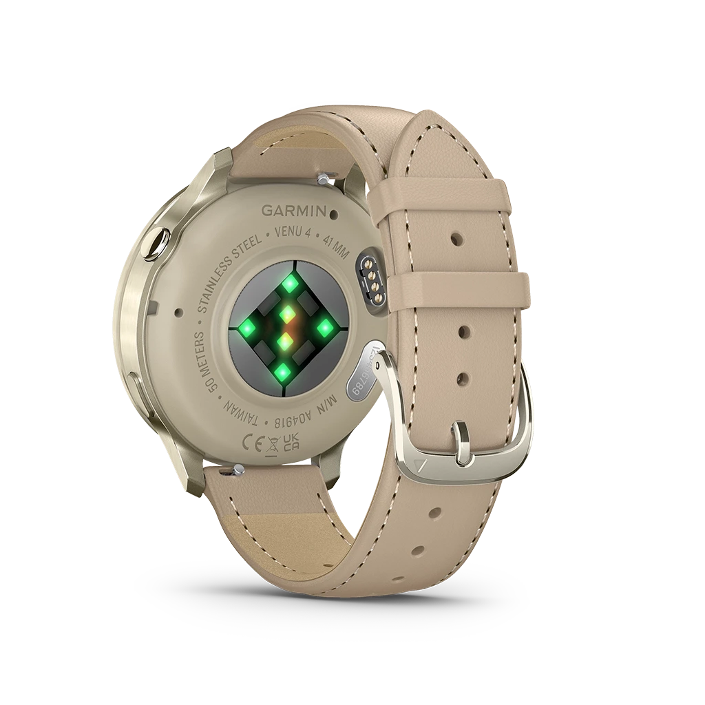 Garmin Venu 4 - 41 mm 010-03013-03 i stål med AMOLED-skjerm, skinnrem og ekstra silikonrem. Opptil 10 dager batteritid.