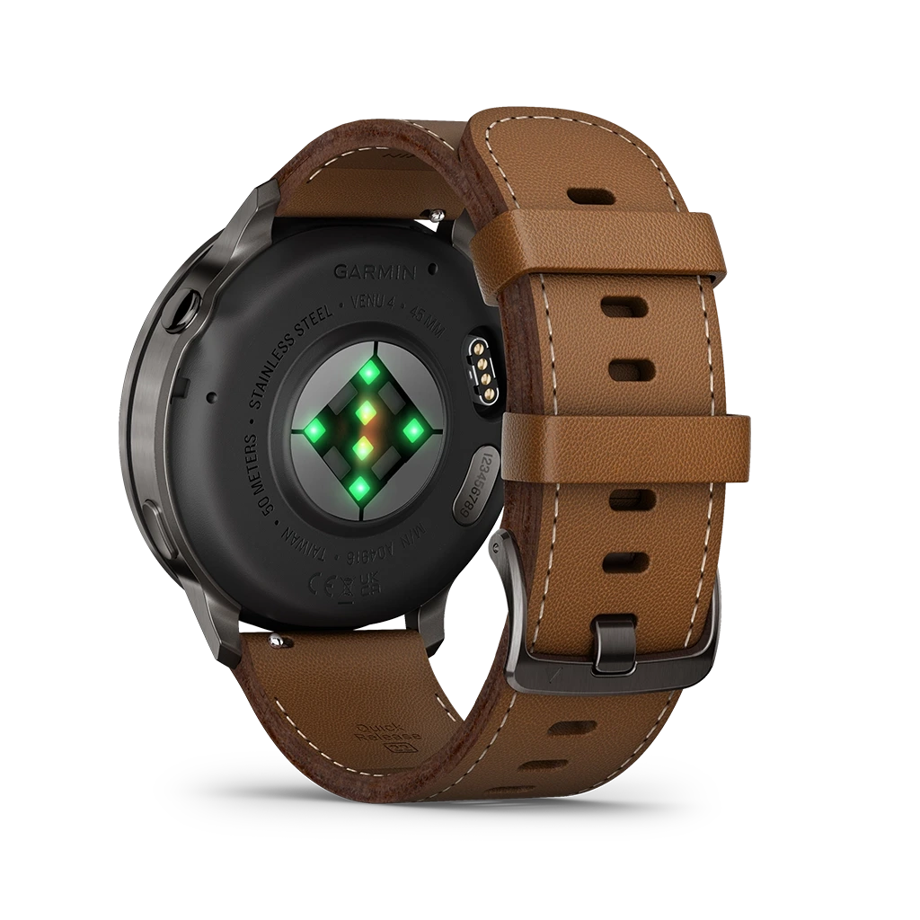 Garmin Venu 4 - 45 mm 010-03014-03 til herre i stål med AMOLED-skjerm, skinnrem og ekstra silikonrem. Opptil 12 dagers batteritid.