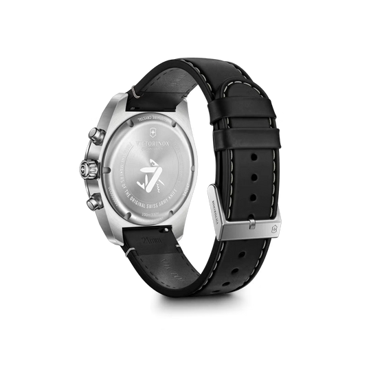 Victorinox Swiss Army Chronograph herreklokke med blå skive, sort skinnrem og quartzverk.