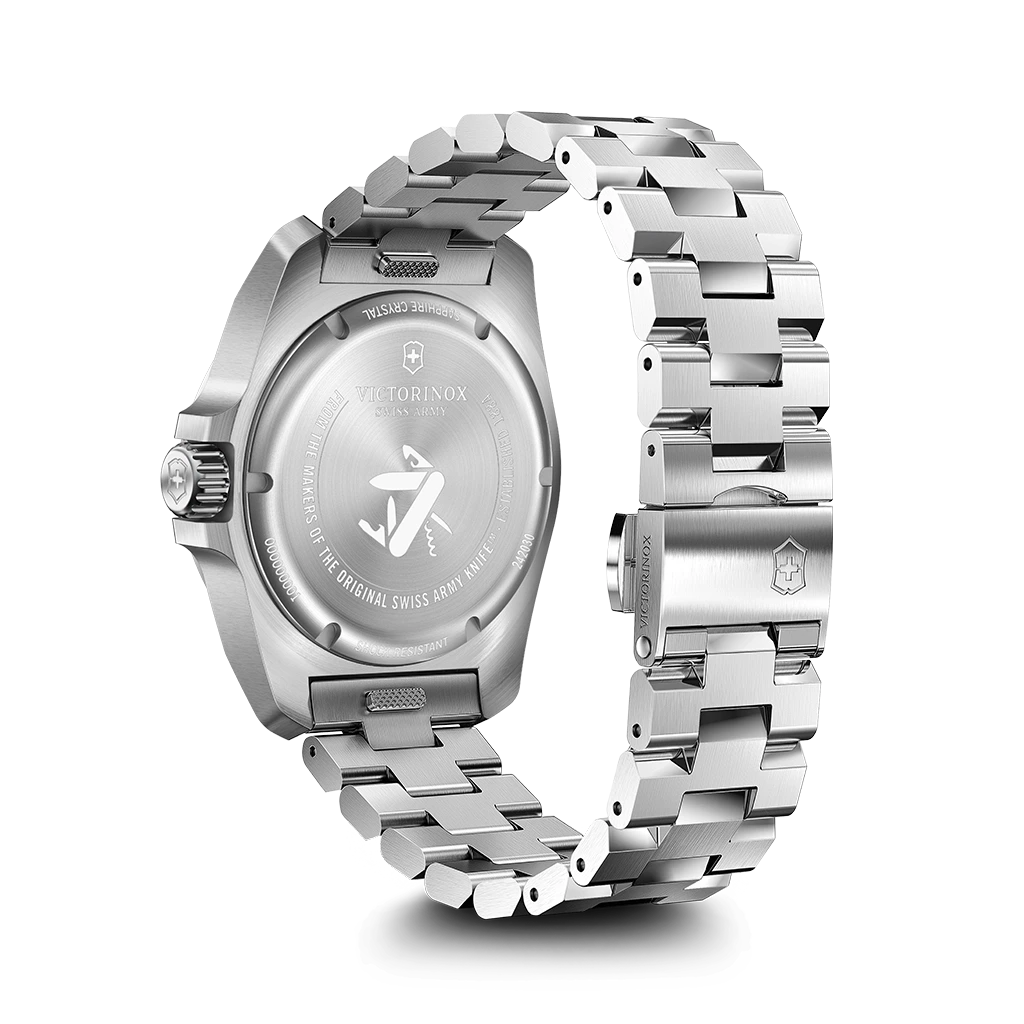 Victorinox I.N.O.X. herreklokke på 41 mm med quartzverk, kasse og lenke i stål og sort skive.