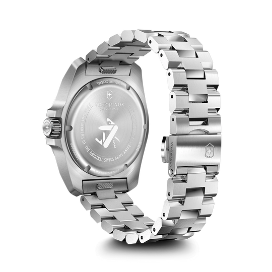 Victorinox I.N.O.X. herreklokke på 41 mm med quartzverk, kasse og lenke i stål og sort skive.