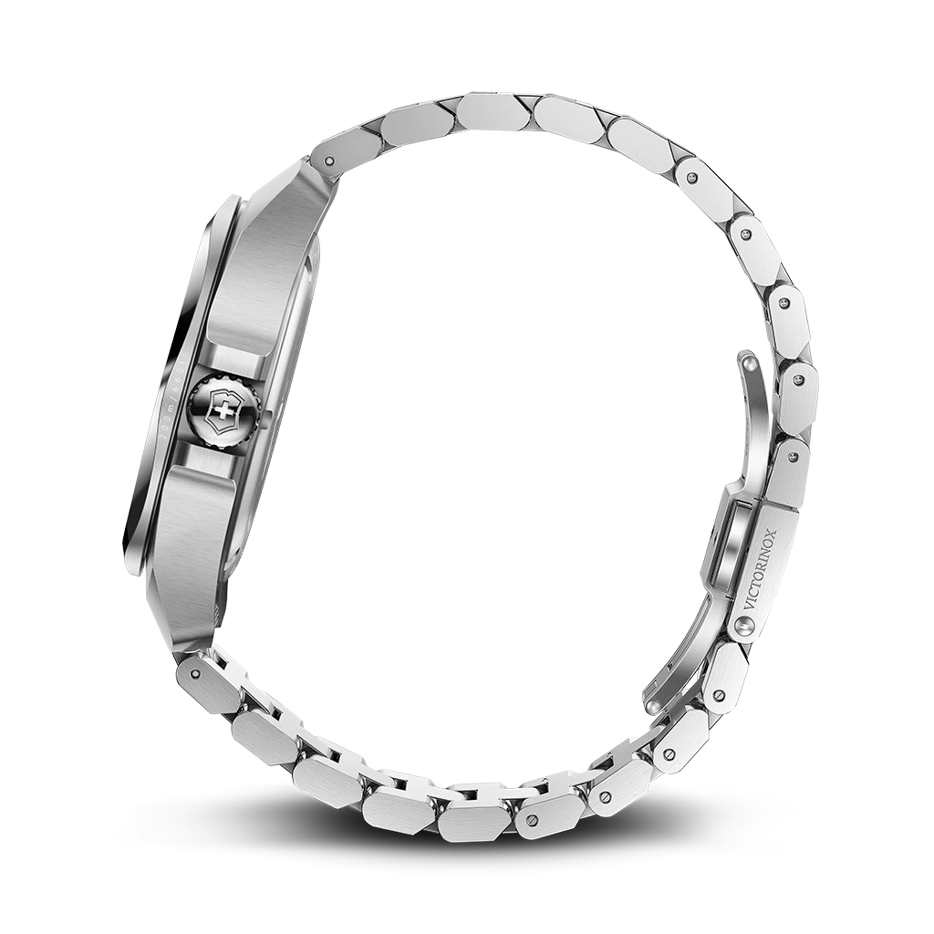 Victorinox I.N.O.X. herreklokke på 41 mm med quartzverk, kasse og lenke i stål og sort skive.
