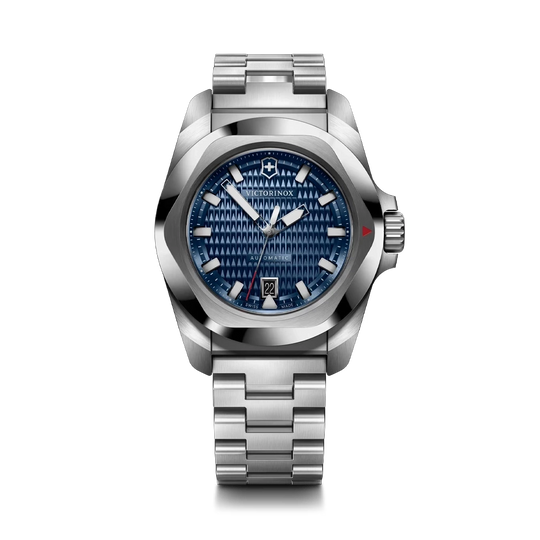 Victorinox I.N.O.X. Automatic herreur med blå skive, kasse og lenke i stål. Vanntett til 200 meter.
