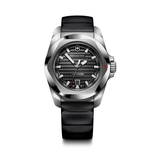 Victorinox I.N.O.X. Automatic herreklokke med sort skive, kasse i stål og gummirem. 200 meter vanntett.