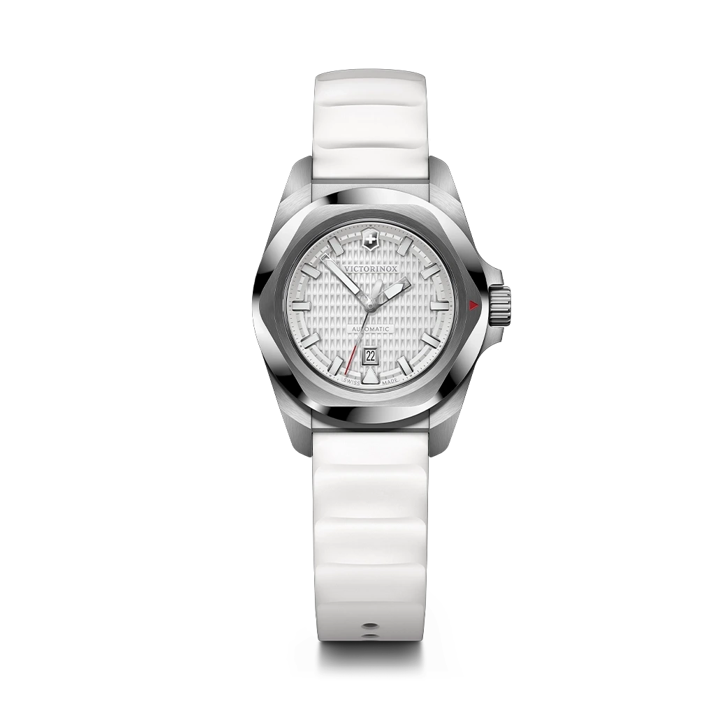 Victorinox I.N.O.X dameklokke med hvit skive, kasse i stål og gummirem.