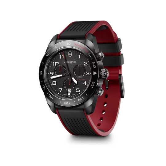 Victorinox Swiss Army Chronograph herreur med quartzverk, sort kasse, skive og skinnrem med røde detaljer. 100 meter vanntett.