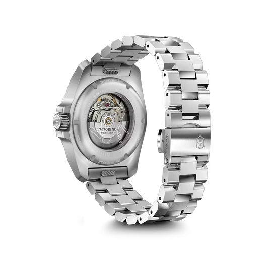 Victorinox I.N.O.X. Automatic herreur med sort tallskive, kasse og lenke i stål. 200 meter vanntett.