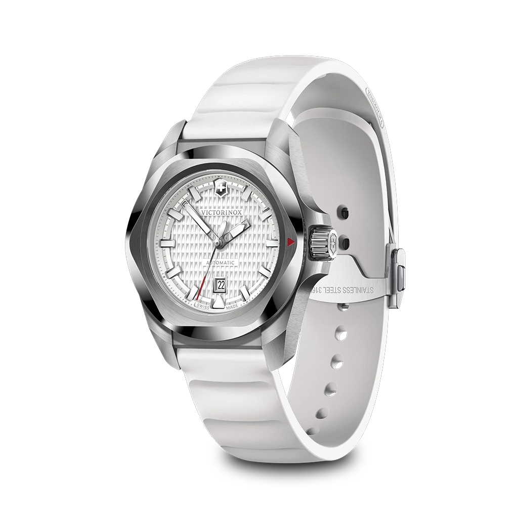 Victorinox I.N.O.X dameklokke med hvit skive, kasse i stål og gummirem.