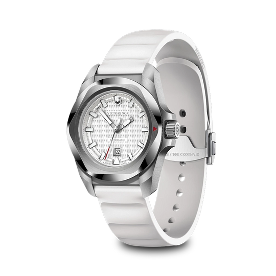 Victorinox I.N.O.X dameklokke med hvit skive, kasse i stål og gummirem.