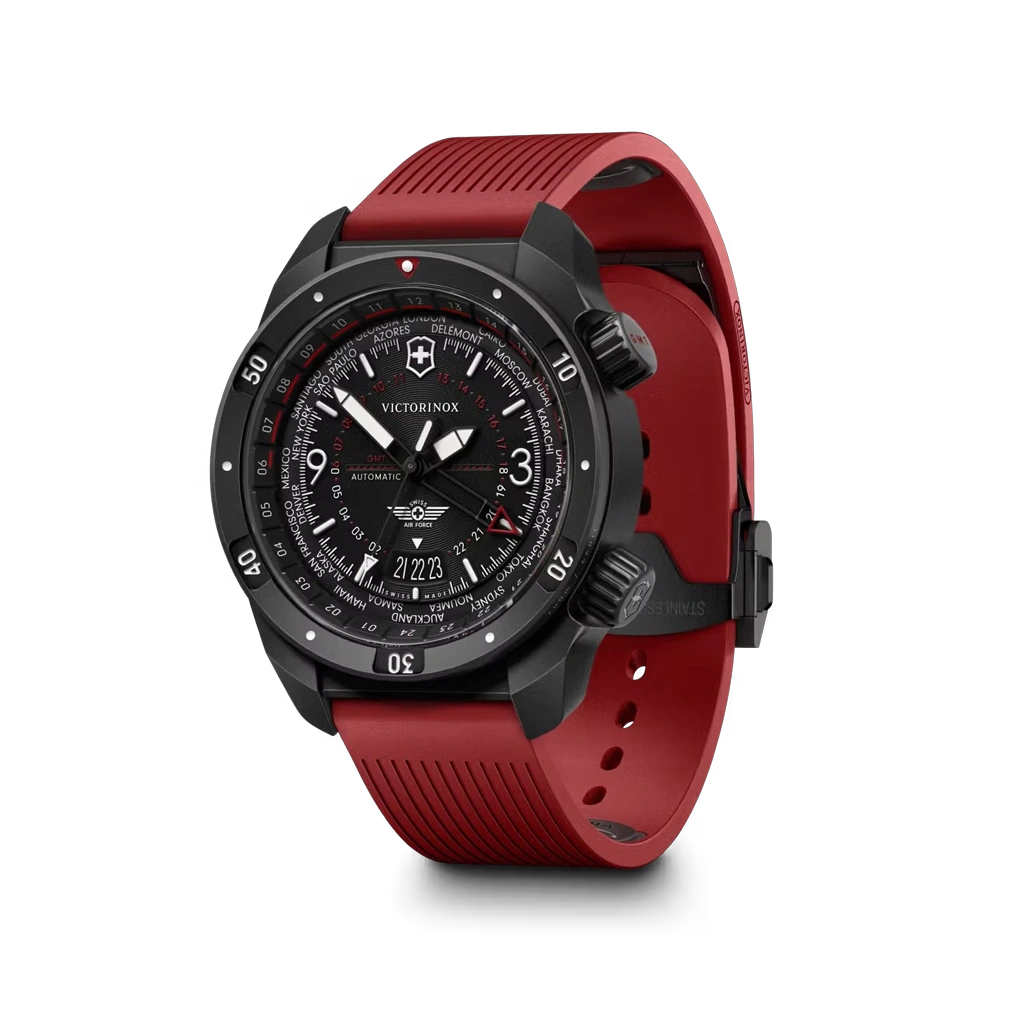 Victorinox Air Pro GMT Automatic herreklokke på 43 mm med GMT-funksjon, sort skive og kasse og gummirem. 