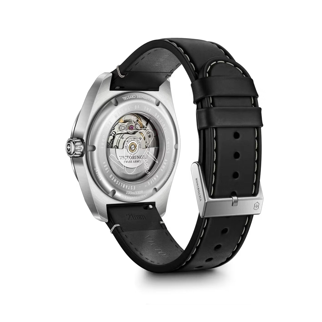 Victorinox Swiss Army Automatic herreklokke med sort skive, kasse i stål og sort skinnrem. 100 meter vanntett.