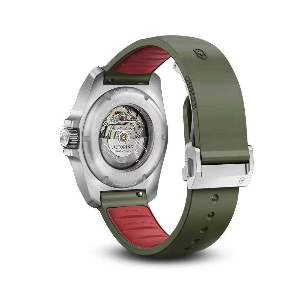 Victorinox I.N.O.X. Automatic herreklokke i stål på 41 mm med grønn skive og grønn rem. 200 meter vanntett.