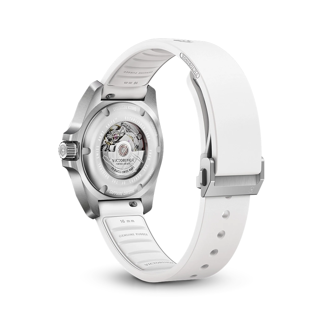 Victorinox I.N.O.X dameklokke med hvit skive, kasse i stål og gummirem.