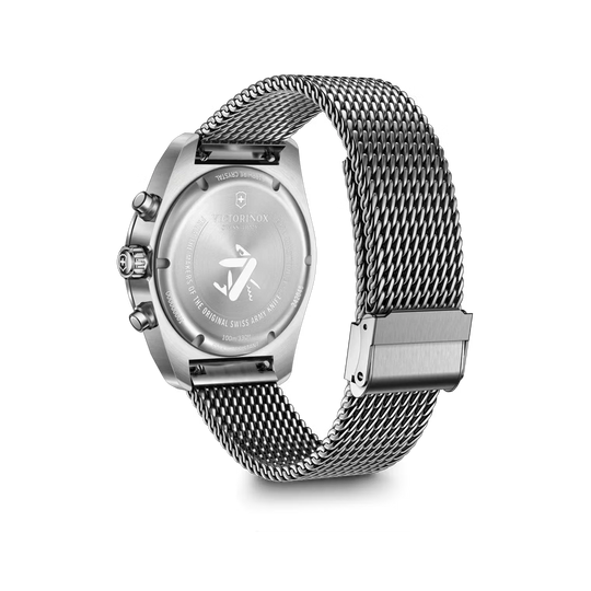 Victorinox Swiss Army Chronograph herreur med quartzverk, sort skive, kasse og meshlenke i stål. 