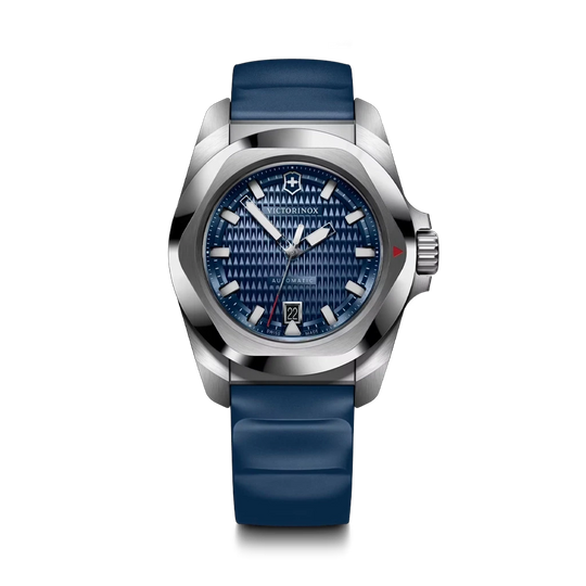 Victorinox I.N.O.X. Automatic herreklokke på 41 mm med blå skive, brun trerem + en ekstra blå gummirem. 200 meter vanntett.
