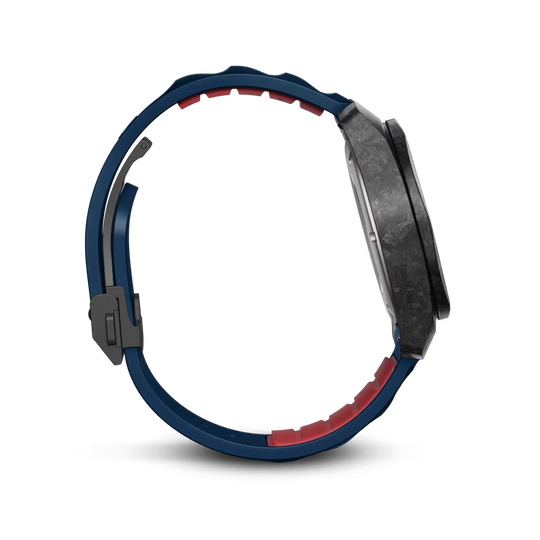 Victorinox I.N.O.X. Automatic herreklokke med blå skive, blå gummirem og en kasse i karbon med gjennomsiktig baklokk i titan. 200 meter vanntett.