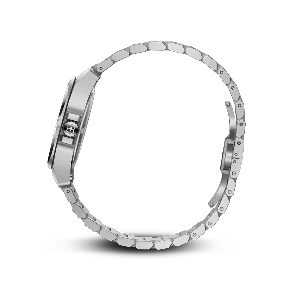 Victorinox I.N.O.X. Small dameklokke med quartzverk, blå skive, kasse og lenke i stål. 100 meter vanntett.