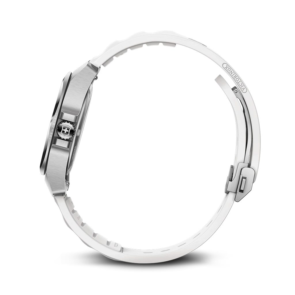 Victorinox I.N.O.X dameklokke med hvit skive, kasse i stål og gummirem.