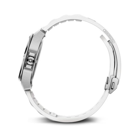 Victorinox I.N.O.X dameklokke med hvit skive, kasse i stål og gummirem.