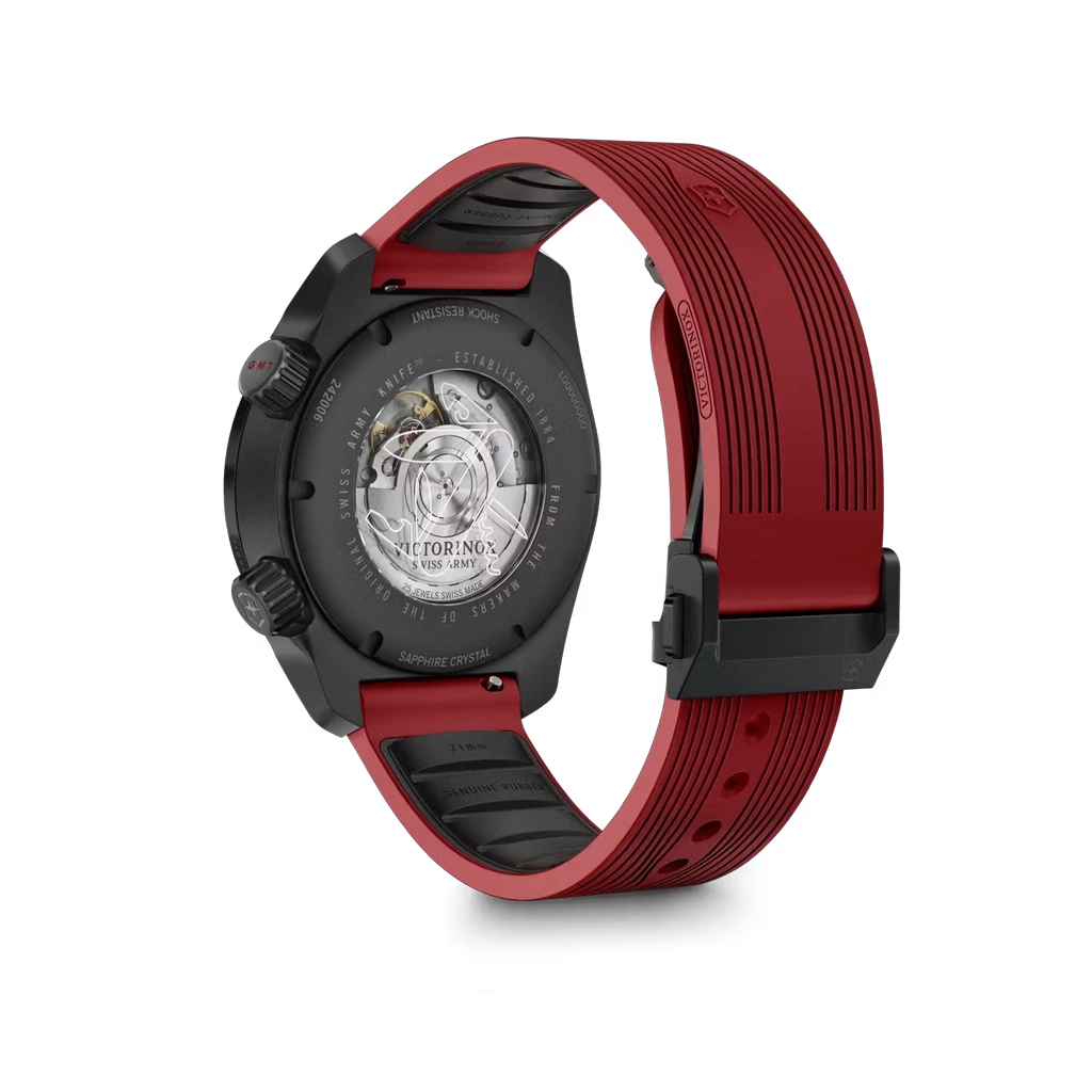 Victorinox Air Pro GMT Automatic herreklokke på 43 mm med GMT-funksjon, sort skive og kasse og gummirem. 