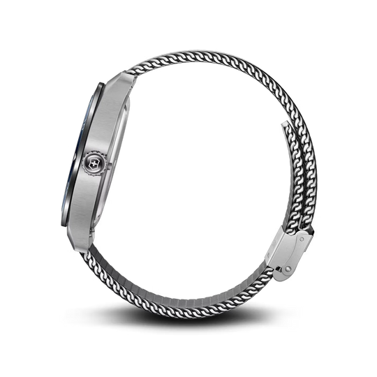 Victorinox Swiss Army Quartz pen herreklokke med blå skive og kasse og meshlenke i stål. 100 meter vanntett.