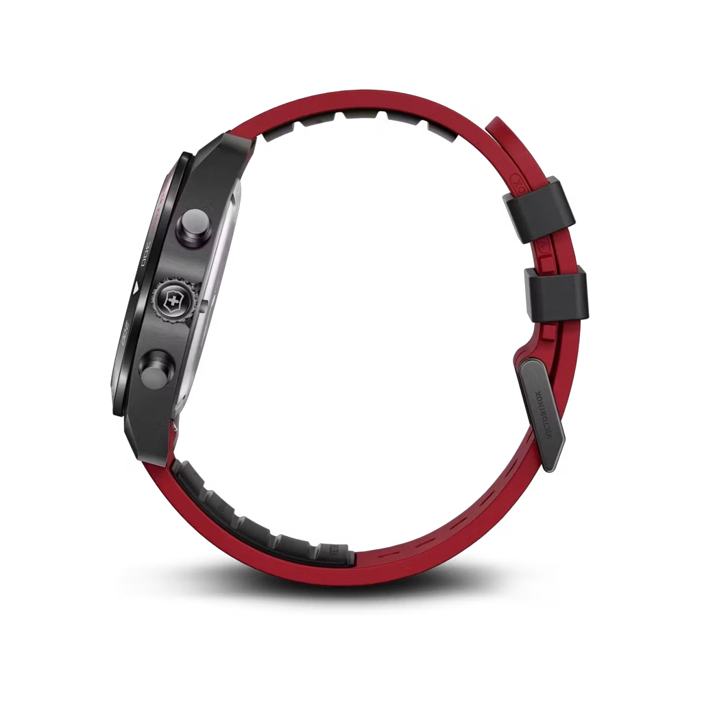 Victorinox Swiss Army Chronograph herreur med quartzverk, sort kasse, skive og skinnrem med røde detaljer. 100 meter vanntett.