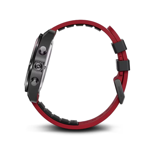 Victorinox Swiss Army Chronograph herreur med quartzverk, sort kasse, skive og skinnrem med røde detaljer. 100 meter vanntett.