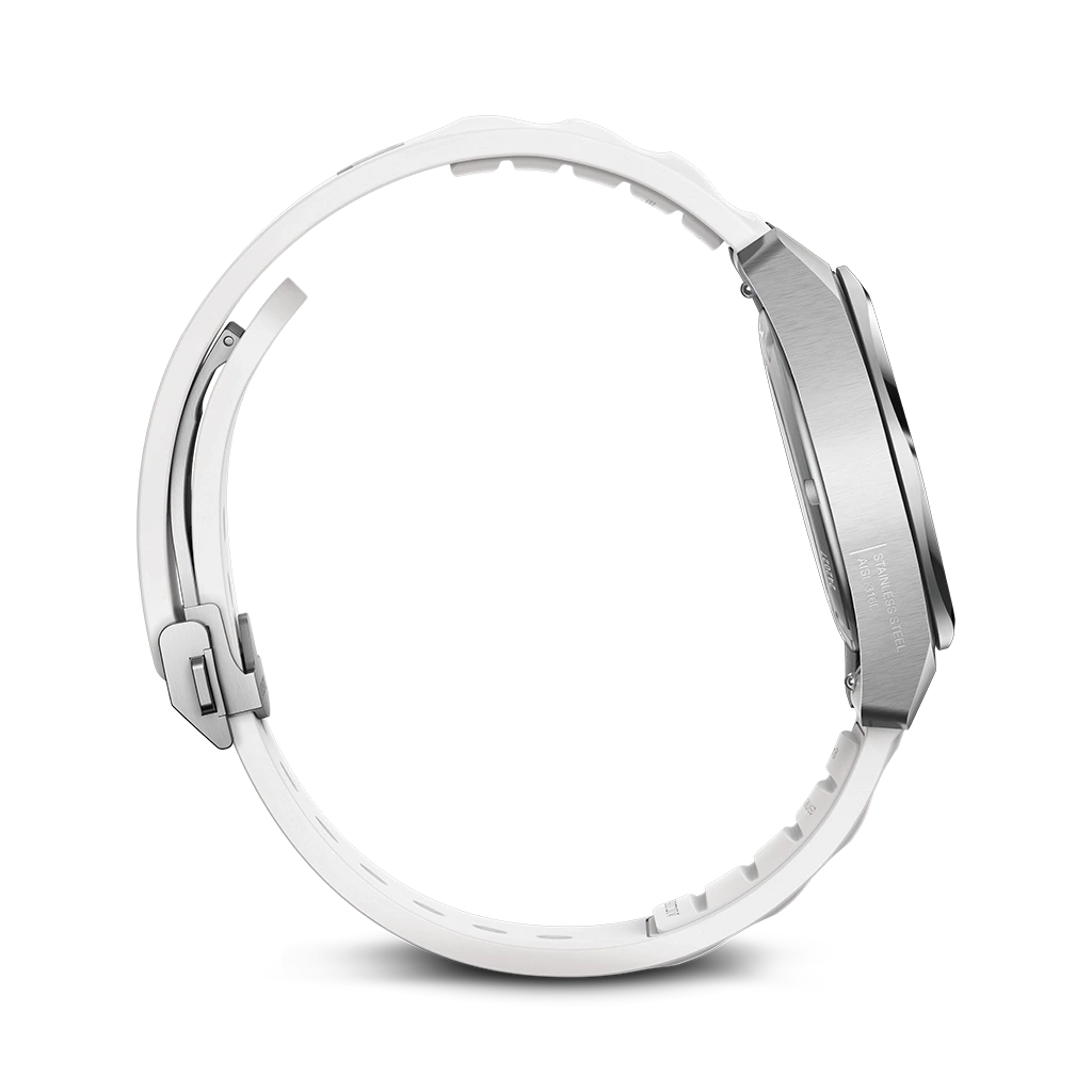 Victorinox I.N.O.X dameklokke med hvit skive, kasse i stål og gummirem.