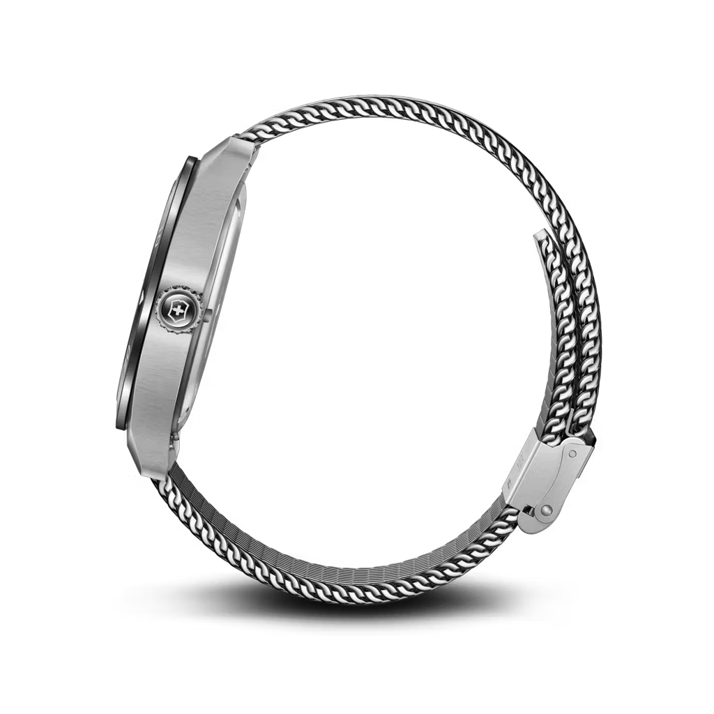 Victorinox Swiss Army 242043 er en herreklokke med quartzverk, sort skive og stållenke. 