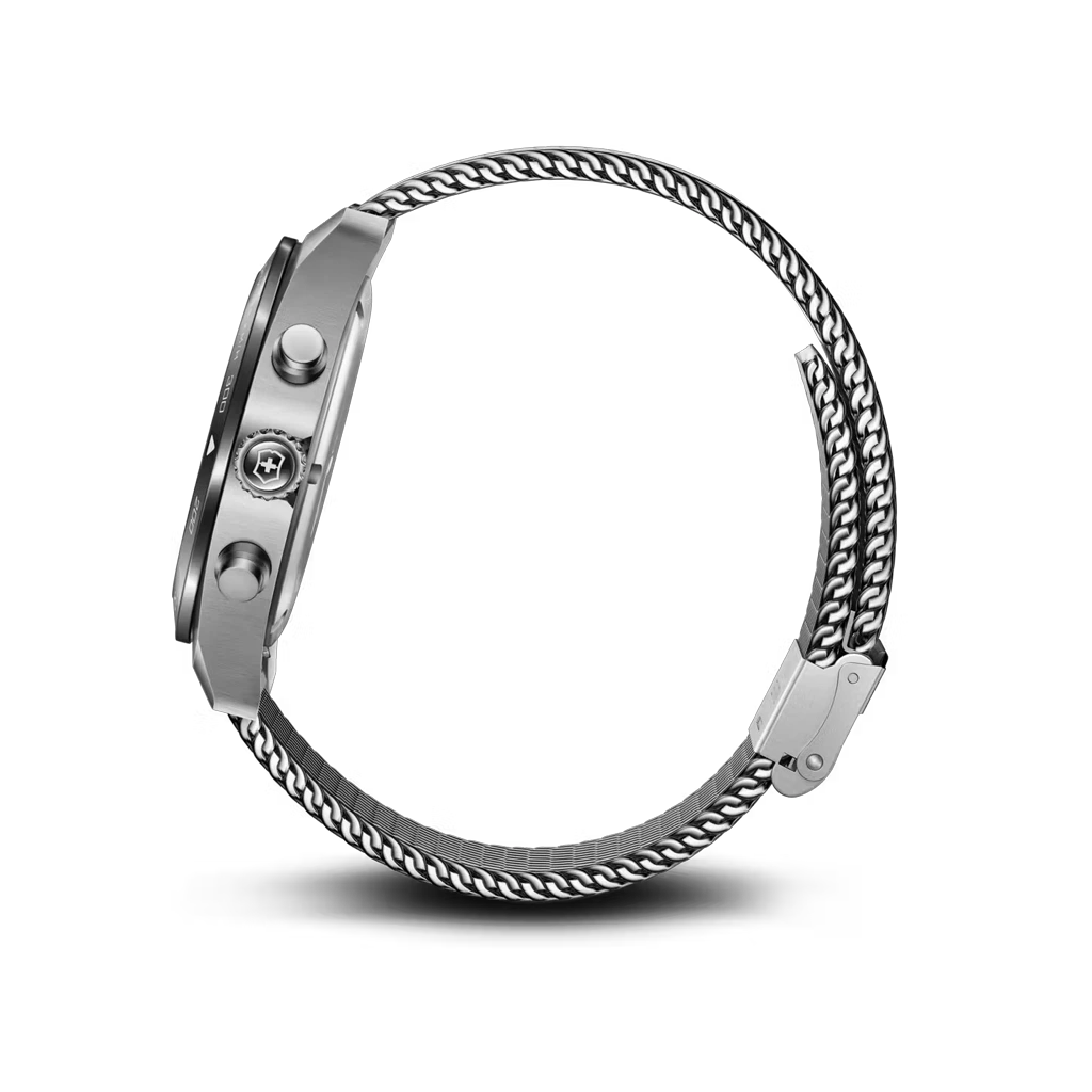 Victorinox Swiss Army Chronograph herreur med quartzverk, sort skive, kasse og meshlenke i stål. 