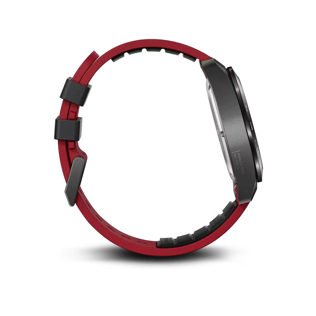 Victorinox Swiss Army Chronograph herreur med quartzverk, sort kasse, skive og skinnrem med røde detaljer. 100 meter vanntett.