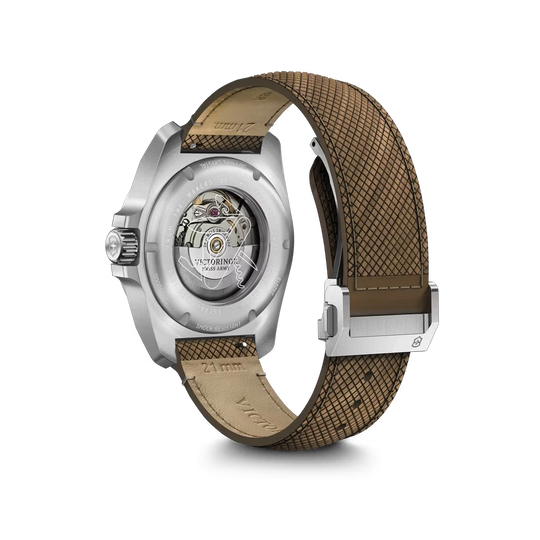 Victorinox I.N.O.X. Automatic herreklokke på 41 mm med blå skive, brun trerem + en ekstra blå gummirem. 200 meter vanntett.