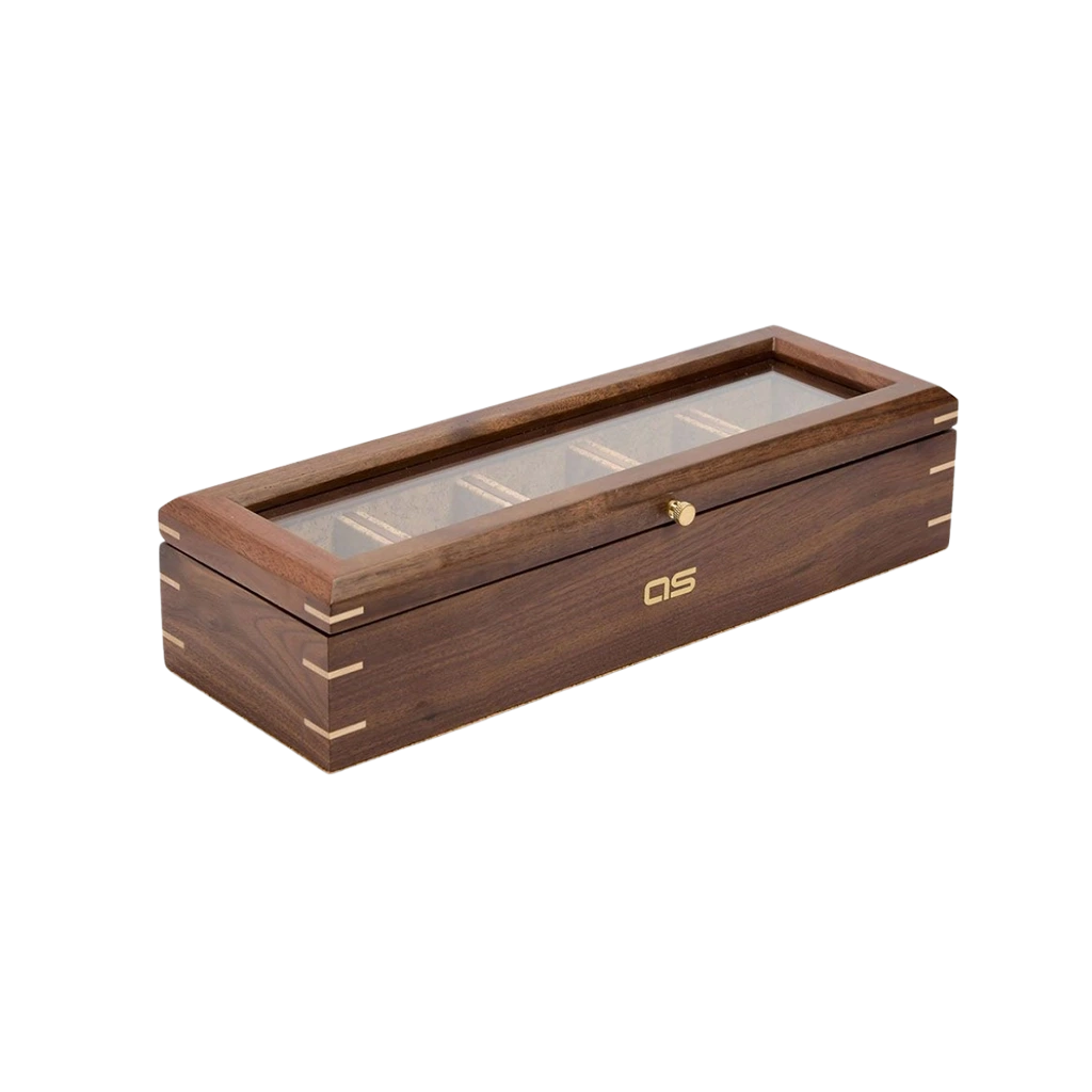 WOLF Analog/Shift 710212 klokkeboks i tre med plass til 5 klokker. Interiør av kork, gjennomsiktig lokk.