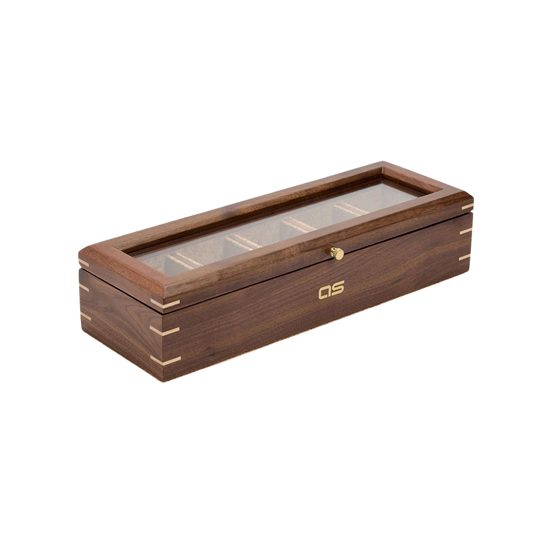 WOLF Analog/Shift 710212 klokkeboks i tre med plass til 5 klokker. Interiør av kork, gjennomsiktig lokk.