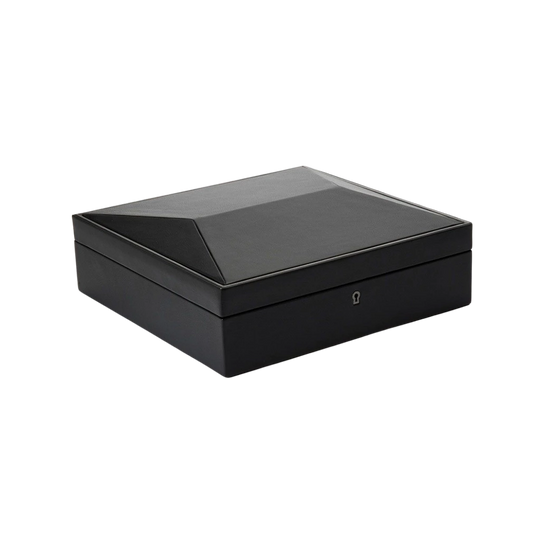 WOLF British Racing 793202 klokkeboks med plass til 15 kokker. Boksen har sort eksteriør og interiør. Boksen kan låses.