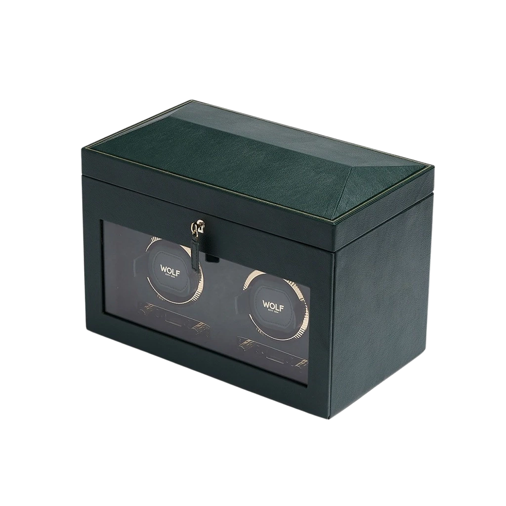 WOLF British Racing dobbel winder i grønn med lagring på toppen for klokker og smykker.