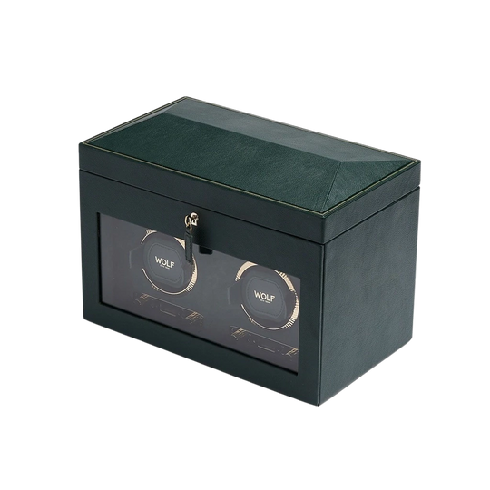 WOLF British Racing dobbel winder i grønn med lagring på toppen for klokker og smykker.