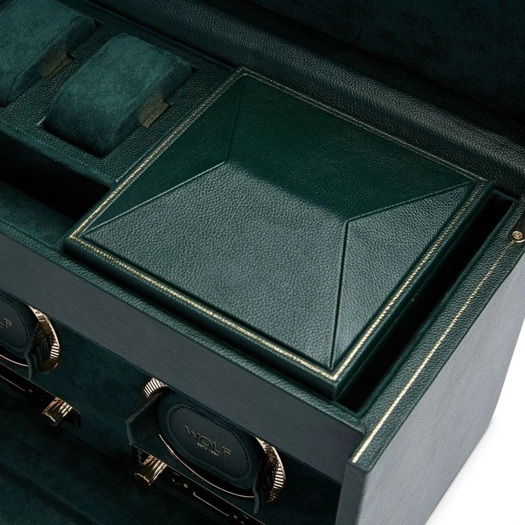 WOLF British Racing dobbel winder i grønn med lagring på toppen for klokker og smykker.