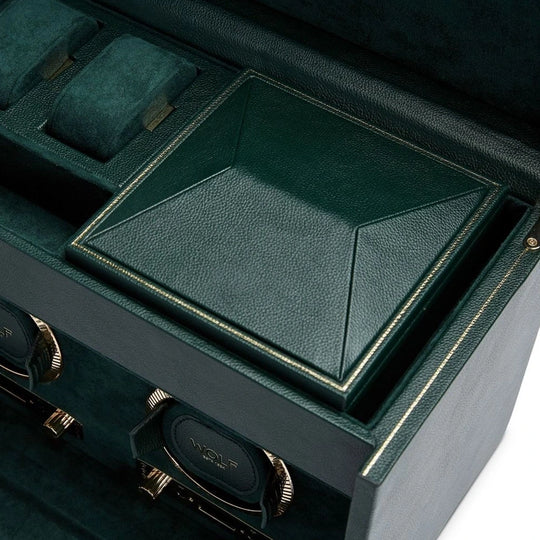 WOLF British Racing dobbel winder i grønn med lagring på toppen for klokker og smykker.