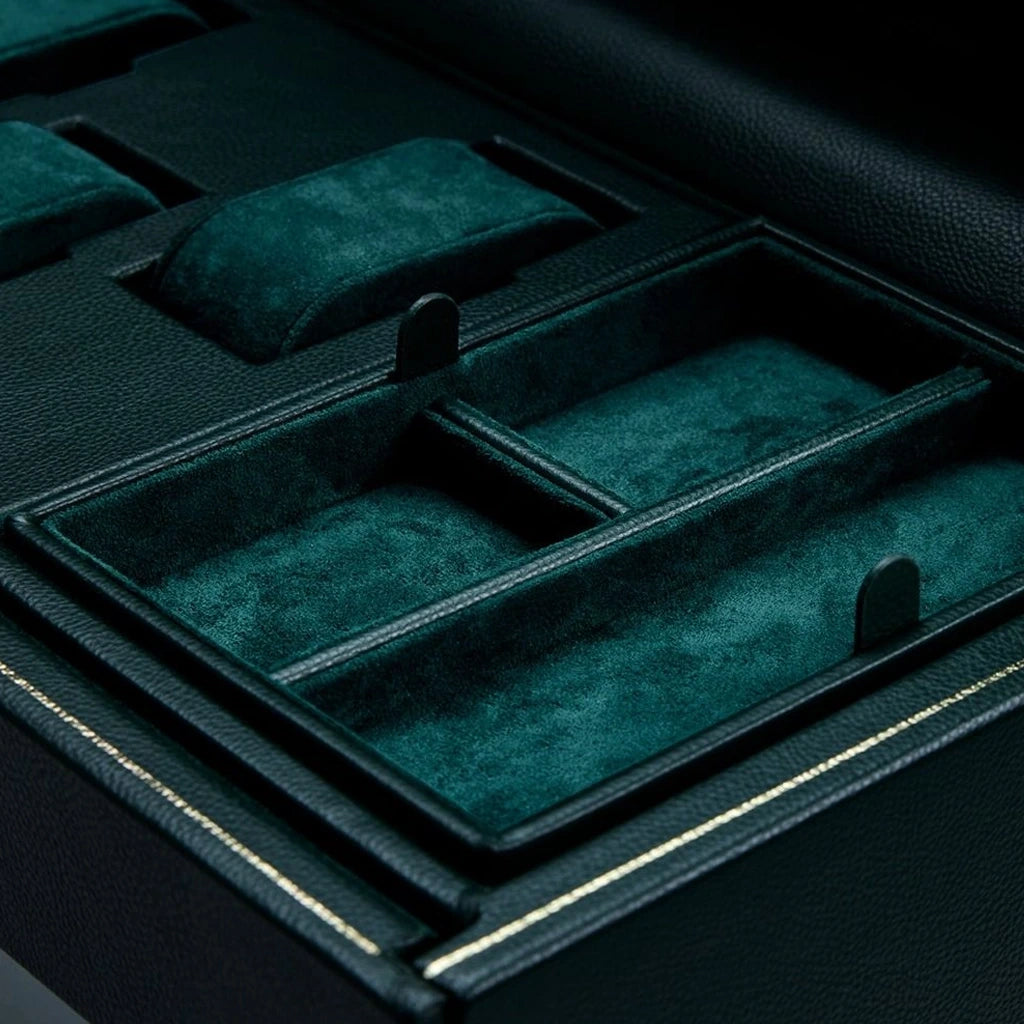 WOLF British Racing dobbel winder i grønn med lagring på toppen for klokker og smykker.