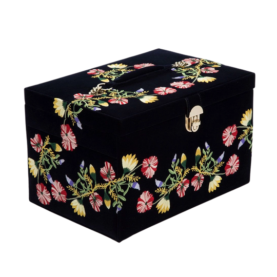 Smykkeskrin med et mindre avtagbart skrin for reise, og med plass til 20 rom, 18 ringruller, 12 kjedeoppbevaring, 5 armbåndsrom, 6 armbånd/klokkemansjett.